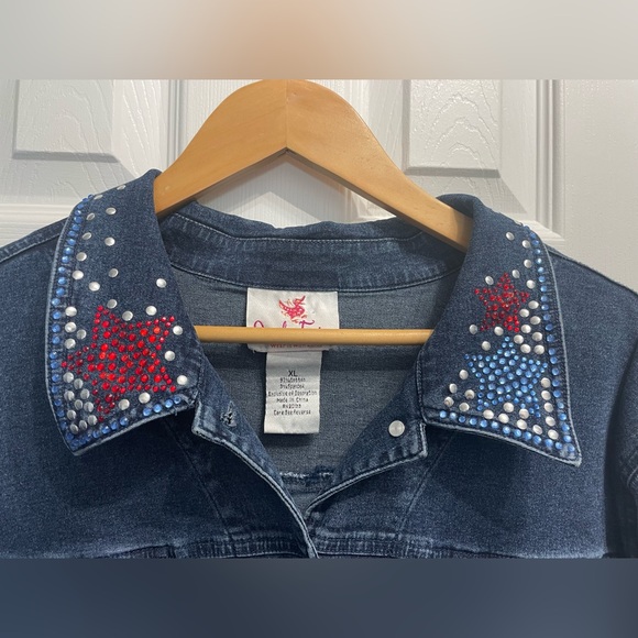 Quacker Factory Jacket Women’s XL Denim Jean Rhinestone Studded Blue Red USA - Picture 4 of 9